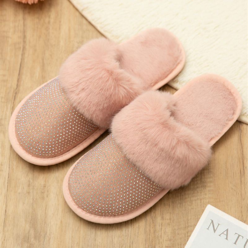 Dames Grote Maat Effen Kleur Strass Huis Harige Pantoffels