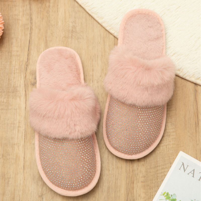 Dames Grote Maat Effen Kleur Strass Huis Harige Pantoffels