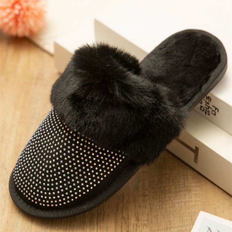 Dames Grote Maat Effen Kleur Strass Huis Harige Pantoffels