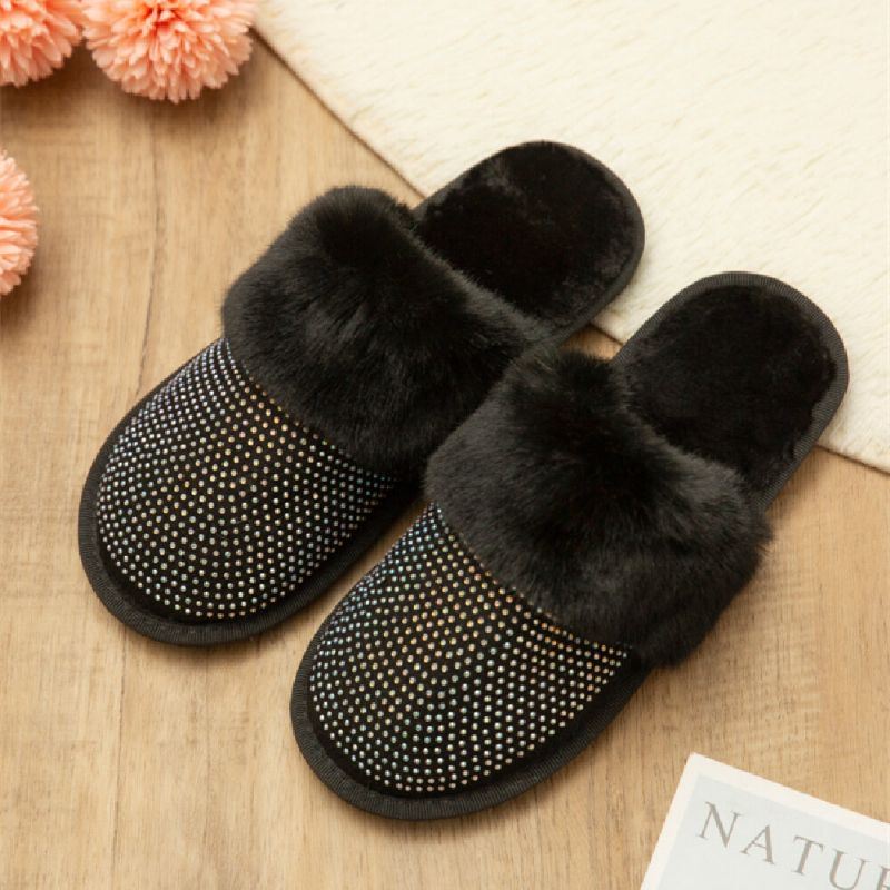 Dames Grote Maat Effen Kleur Strass Huis Harige Pantoffels