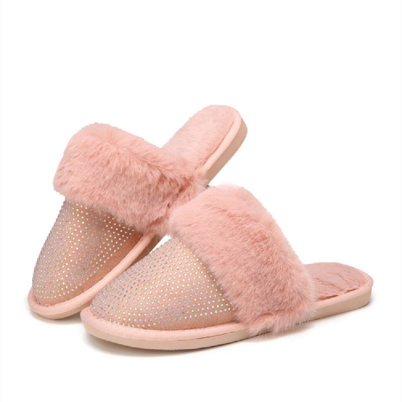 Dames Grote Maat Effen Kleur Strass Huis Harige Pantoffels