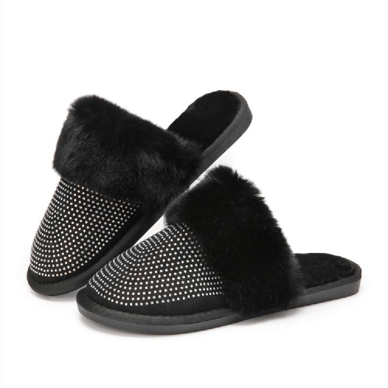 Dames Grote Maat Effen Kleur Strass Huis Harige Pantoffels