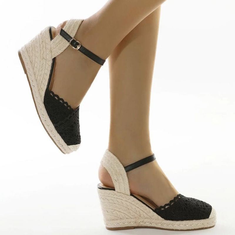 Dames Casual Ademend Kant Gesloten Teen Gesp Comfortabele Espadrille Wedges