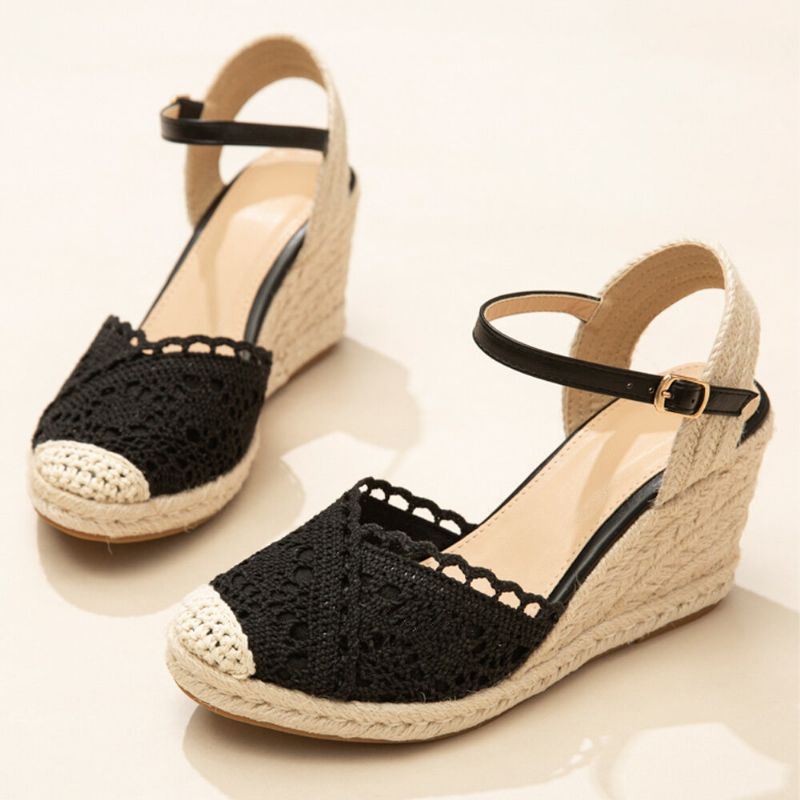 Dames Casual Ademend Kant Gesloten Teen Gesp Comfortabele Espadrille Wedges
