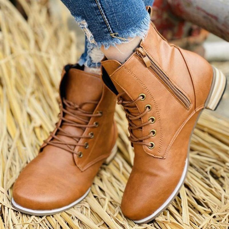 Dames Casual Comfortabele Platte Bruine Gereedschapslaarzen Met Zijrits
