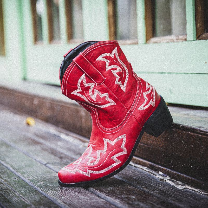 Dames Folkways Bloemen Geborduurde Chunky Heel Slip-on Korte Cowboylaarzen