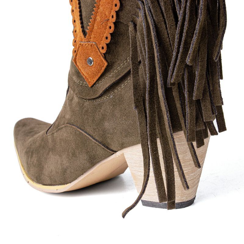 Dames Plus Size Puntschoen Kwastje Dikke Hakken Halfhoge Cowboylaarzen