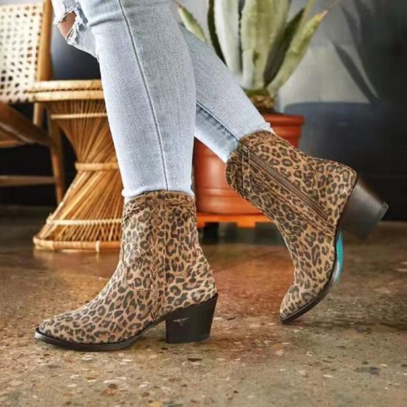 Dames Retro Korte Leren Luipaardprint V-cut Puntige Teen Chunky Hak Ridderlaarzen