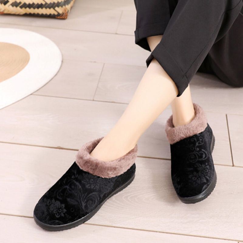 Dames Ronde Neus Casual Dot Print Warme Fluff Voering Comfortabele Platte Enkel Katoenen Laarzen