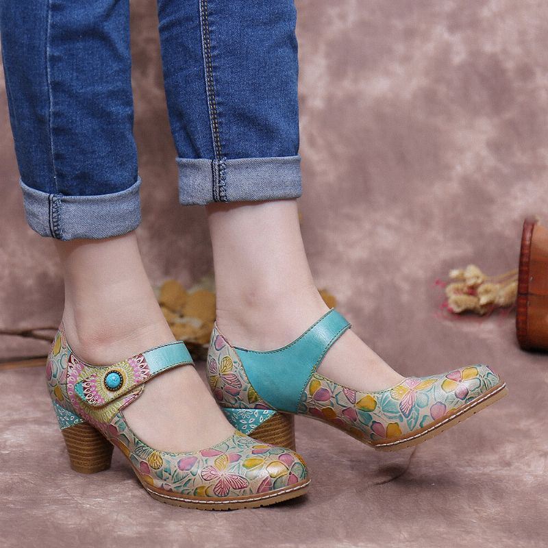 Dames Retro Leren Reliëf Gebloemde Haaklus Enkelbandje Chunky Heel Pumps