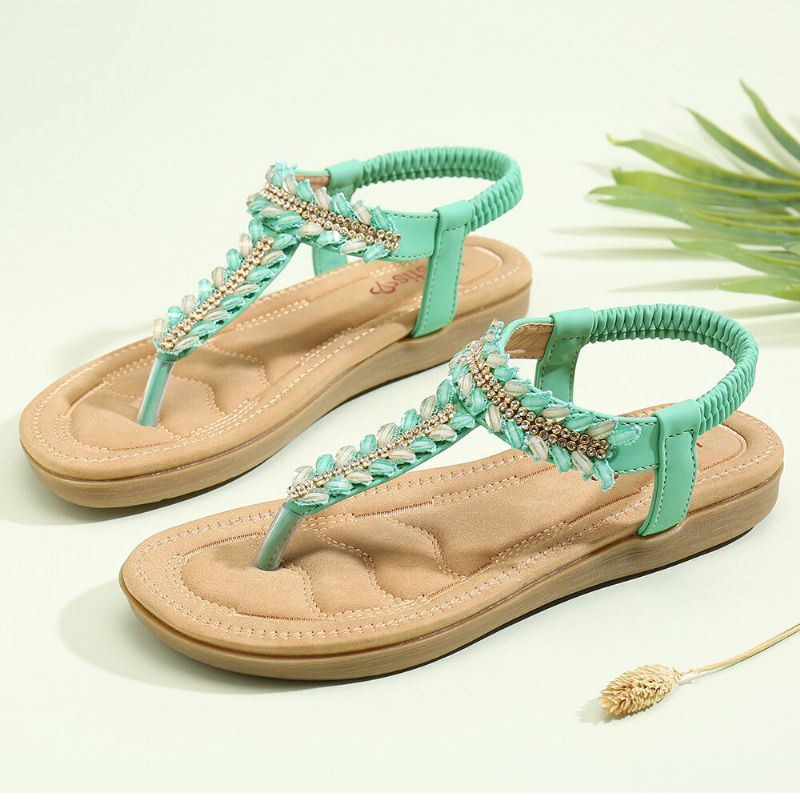 Dames Bohemen Kralen Elastische Band Slip On Casual Zomer Strand Platte Sandalen