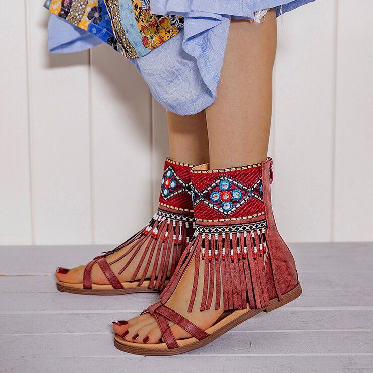 Dames Geborduurde Rits Open Teen Mid Claf Gladiator Sandalen