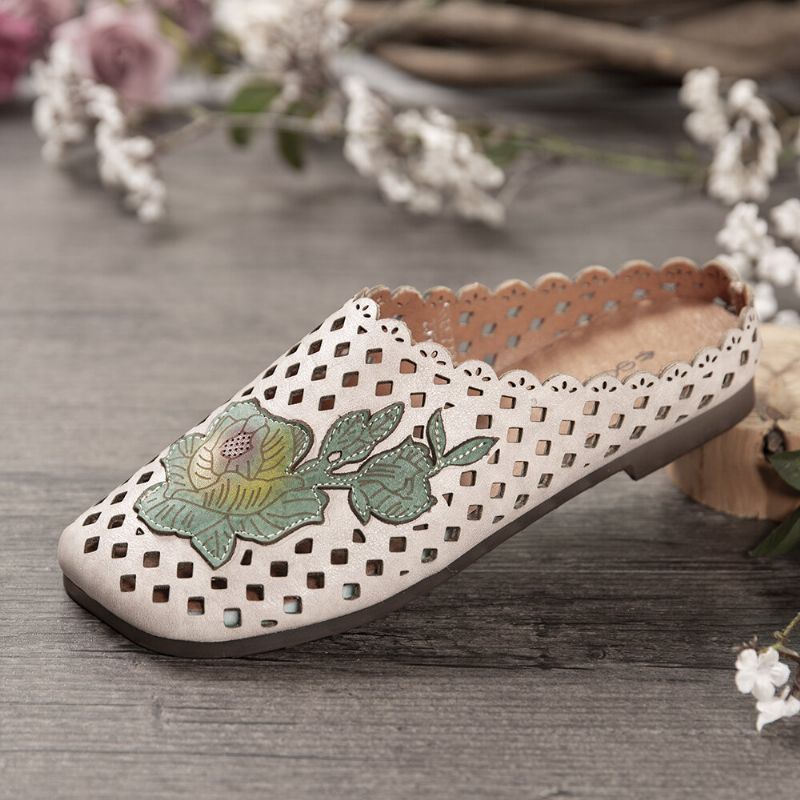 Dames Retro Leren Bloemen Appliqué Uitsparingen Zachte Platte Muilezels Klompen Instapsandalen