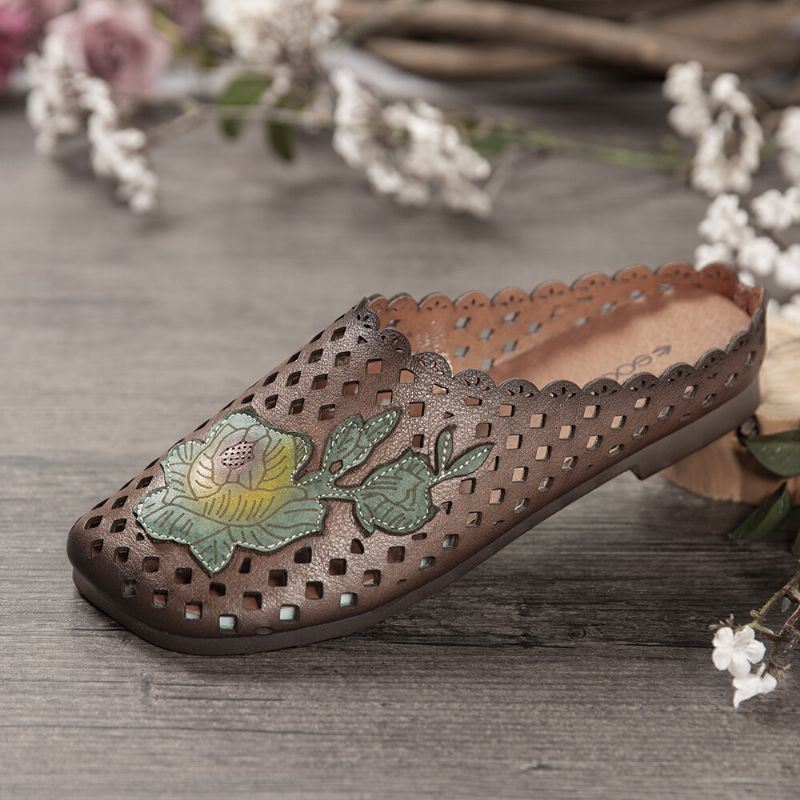 Dames Retro Leren Bloemen Appliqué Uitsparingen Zachte Platte Muilezels Klompen Instapsandalen