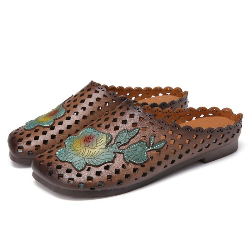 Dames Retro Leren Bloemen Appliqué Uitsparingen Zachte Platte Muilezels Klompen Instapsandalen