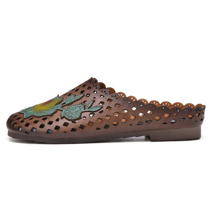 Dames Retro Leren Bloemen Appliqué Uitsparingen Zachte Platte Muilezels Klompen Instapsandalen