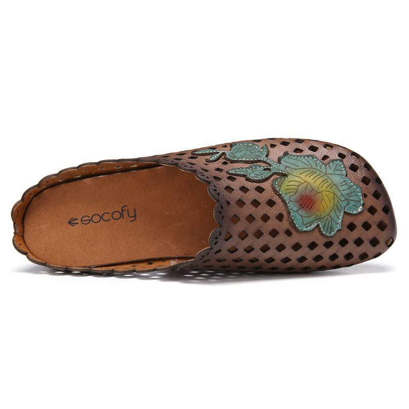 Dames Retro Leren Bloemen Appliqué Uitsparingen Zachte Platte Muilezels Klompen Instapsandalen