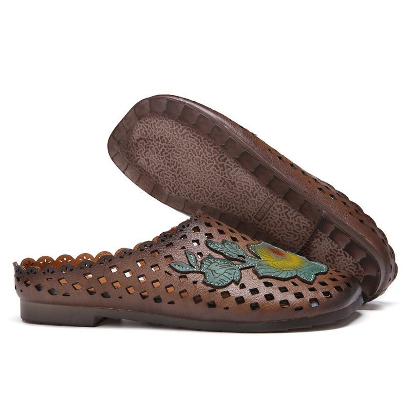 Dames Retro Leren Bloemen Appliqué Uitsparingen Zachte Platte Muilezels Klompen Instapsandalen