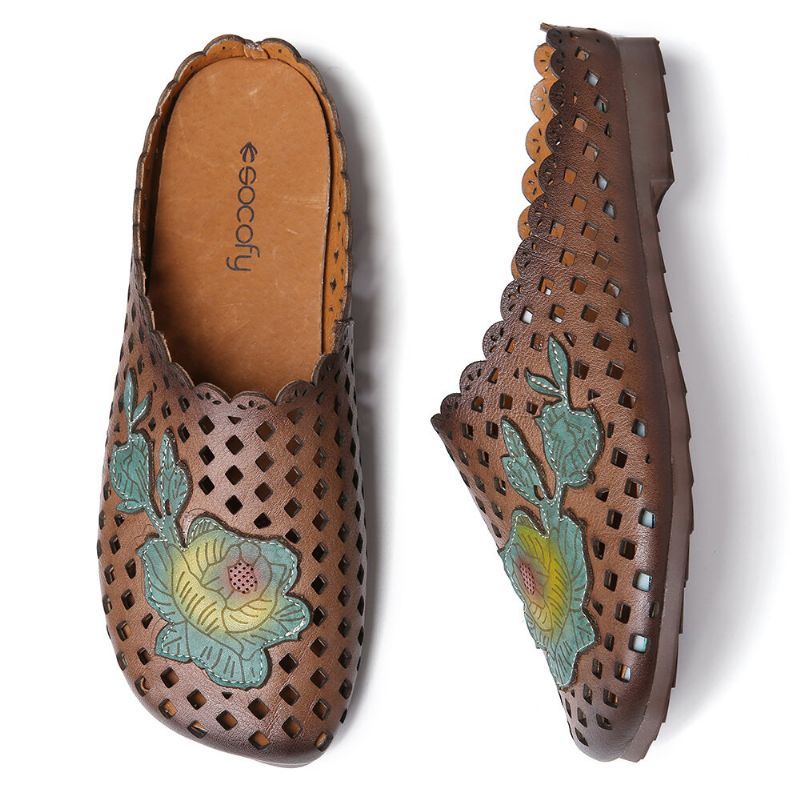 Dames Retro Leren Bloemen Appliqué Uitsparingen Zachte Platte Muilezels Klompen Instapsandalen