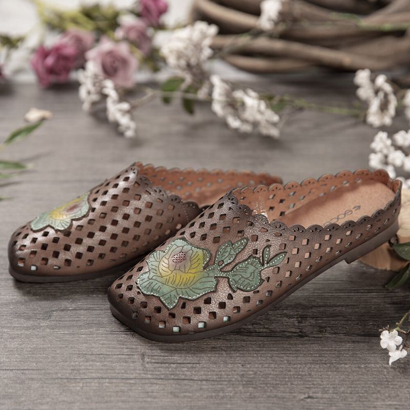 Dames Retro Leren Bloemen Appliqué Uitsparingen Zachte Platte Muilezels Klompen Instapsandalen