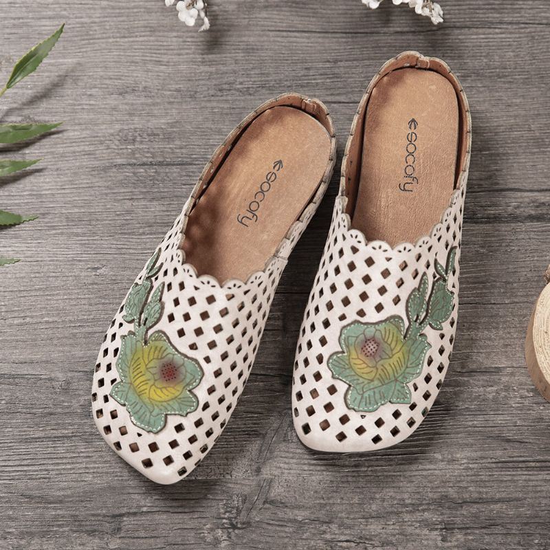 Dames Retro Leren Bloemen Appliqué Uitsparingen Zachte Platte Muilezels Klompen Instapsandalen