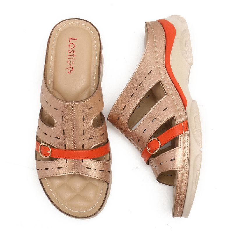 Dames Uitgeholde Kleur Splicing Zachte Zool Comfortabele Zomer Strand Wedge Sandalen