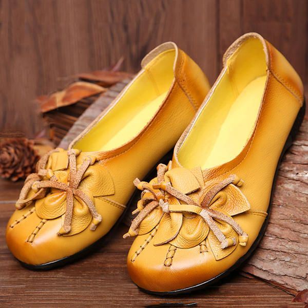 Dames Echt Leer Bloemen Kwastje Comfortabele Slip Op Casual Flats Schoenen