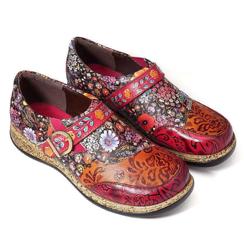 Dames Handgemaakte Stiksels Bloemen Patroon Lederen Flats Schoenen