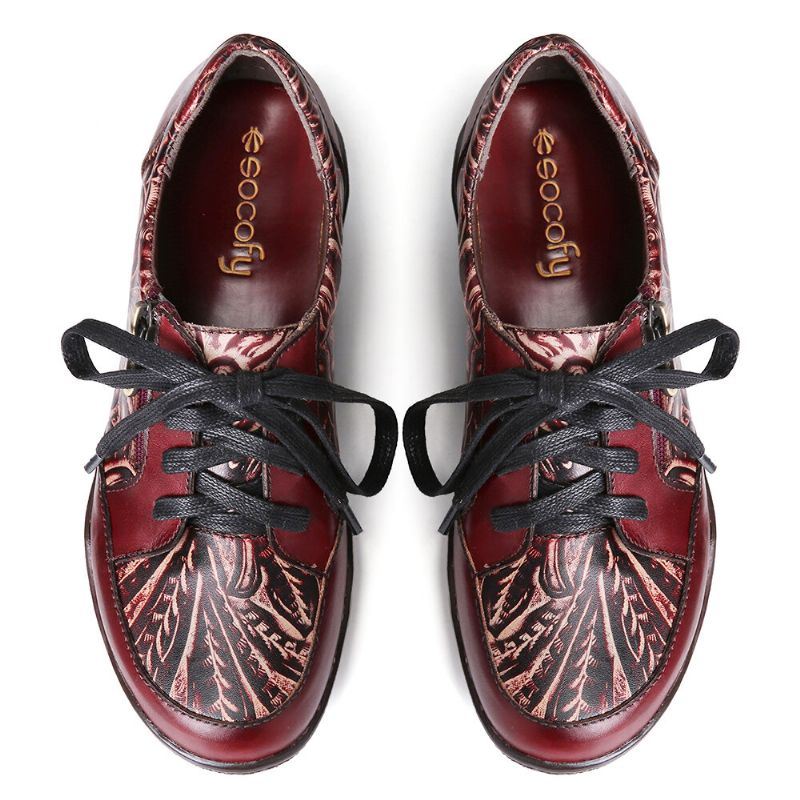 Handgemaakte Lederen Bloemen Splitsing Stiksels Zijrits Lace-up Platte Schoenen