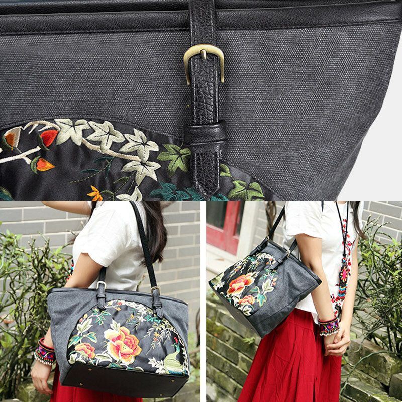 Dames Canvas Etnische Stijl Geborduurde Bloemen Grote Capaciteit Handtas Schoudertas Tote