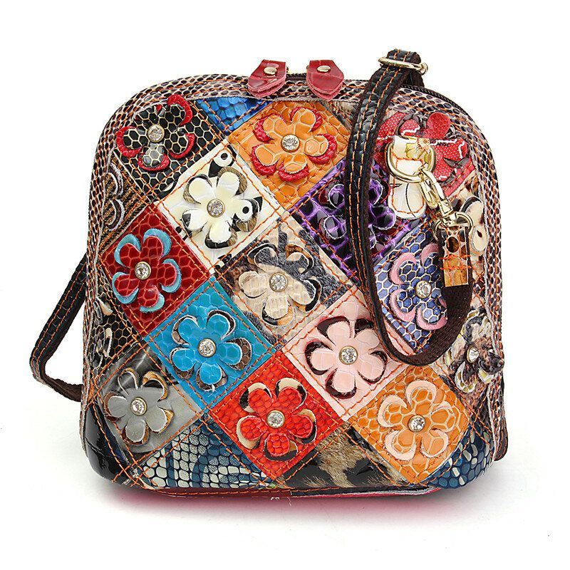 Crossbodytas Van Echt Leer Met Patchwork Bloemen Voor Dames